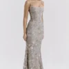 Naima Silver Embellished Beaded Corset Maxi Dress Naima Silver Embellished Beaded Corset Maxi Dress