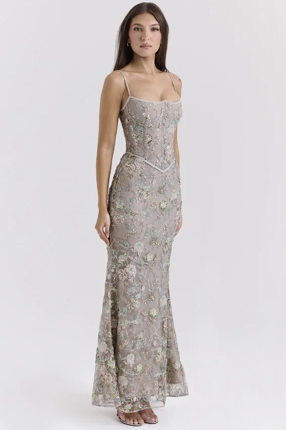 Naima Silver Embellished Beaded Corset Maxi Dress Naima Silver Embellished Beaded Corset Maxi Dress