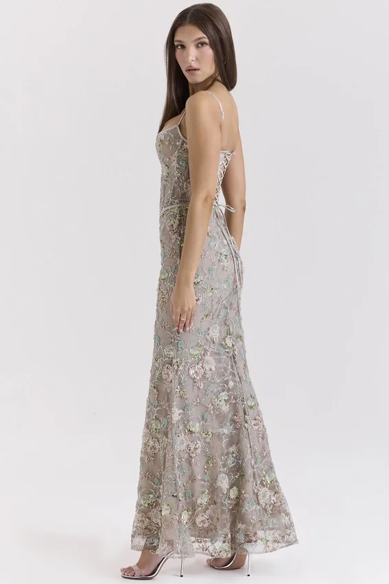Naima Silver Embellished Beaded Corset Maxi Dress Naima Silver Embellished Beaded Corset Maxi Dress