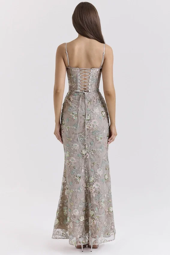 Naima Silver Embellished Beaded Corset Maxi Dress Naima Silver Embellished Beaded Corset Maxi Dress