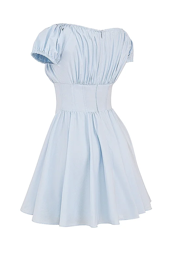 Nala Soft Blue Cotton Gathered Mini Dress Nala Soft Blue Cotton Gathered Mini Dress
