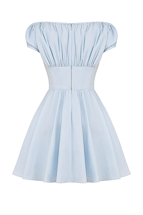 Nala Soft Blue Cotton Gathered Mini Dress Nala Soft Blue Cotton Gathered Mini Dress
