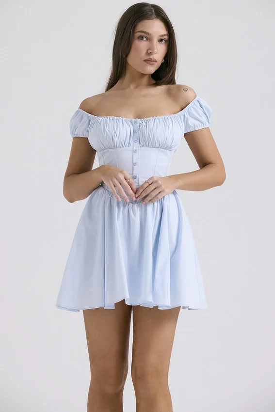 Nala Soft Blue Cotton Gathered Mini Dress Nala Soft Blue Cotton Gathered Mini Dress