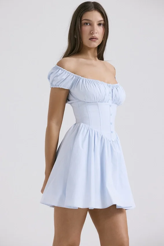 Nala Soft Blue Cotton Gathered Mini Dress Nala Soft Blue Cotton Gathered Mini Dress