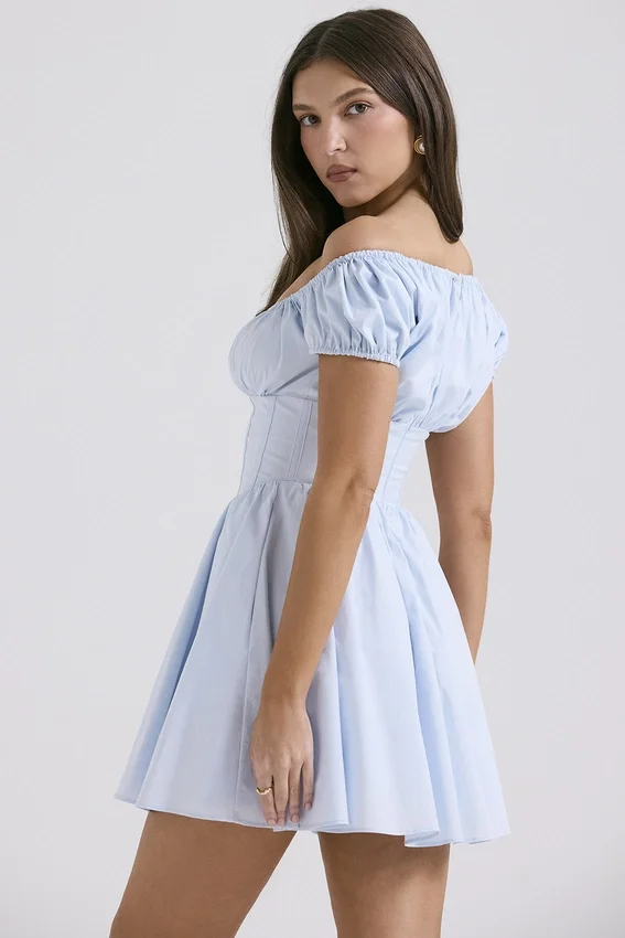 Nala Soft Blue Cotton Gathered Mini Dress Nala Soft Blue Cotton Gathered Mini Dress