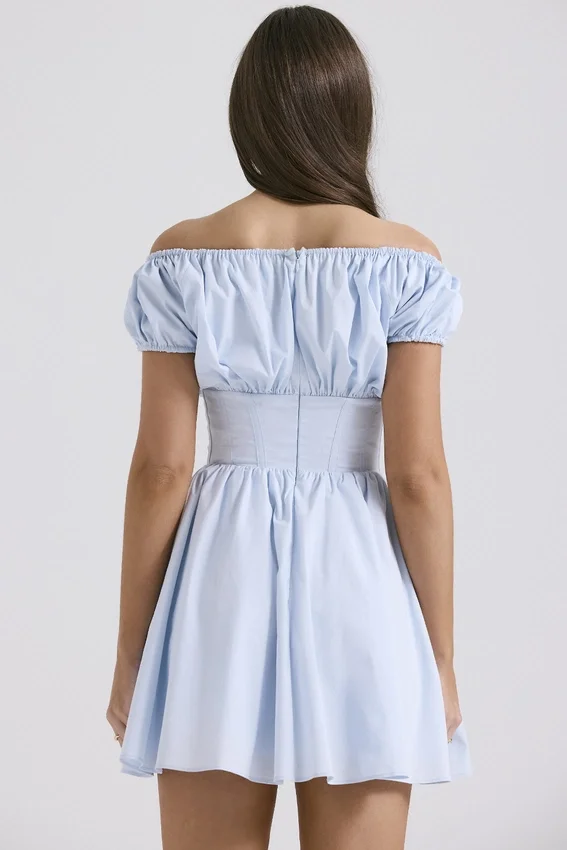 Nala Soft Blue Cotton Gathered Mini Dress Nala Soft Blue Cotton Gathered Mini Dress