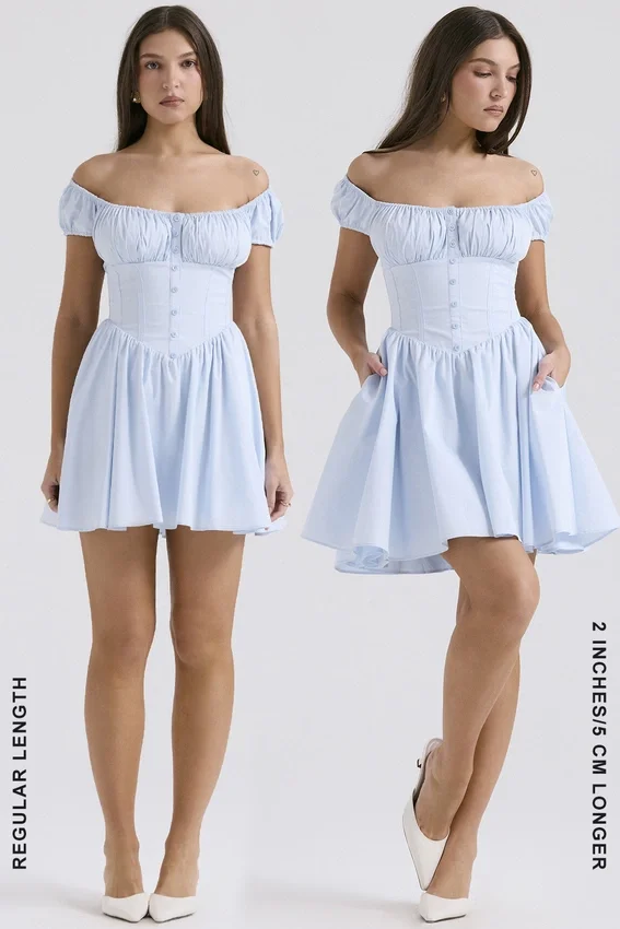 Nala Soft Blue Cotton Gathered Mini Dress Nala Soft Blue Cotton Gathered Mini Dress