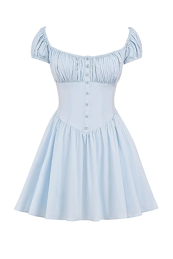 Nala Soft Blue Cotton Gathered Mini Dress Nala Soft Blue Cotton Gathered Mini Dress