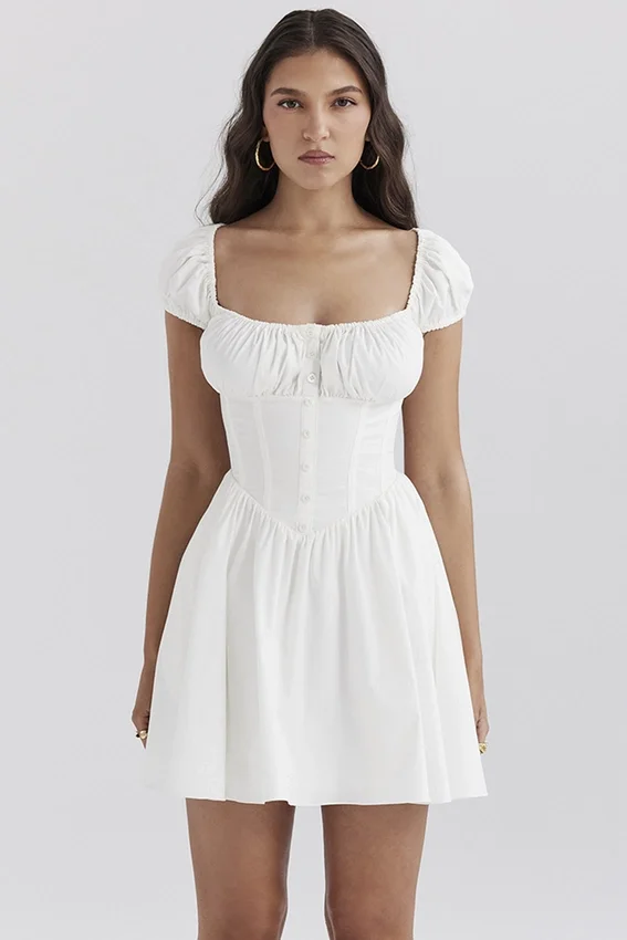 Nala White Cotton Gathered Mini Dress Nala White Cotton Gathered Mini Dress