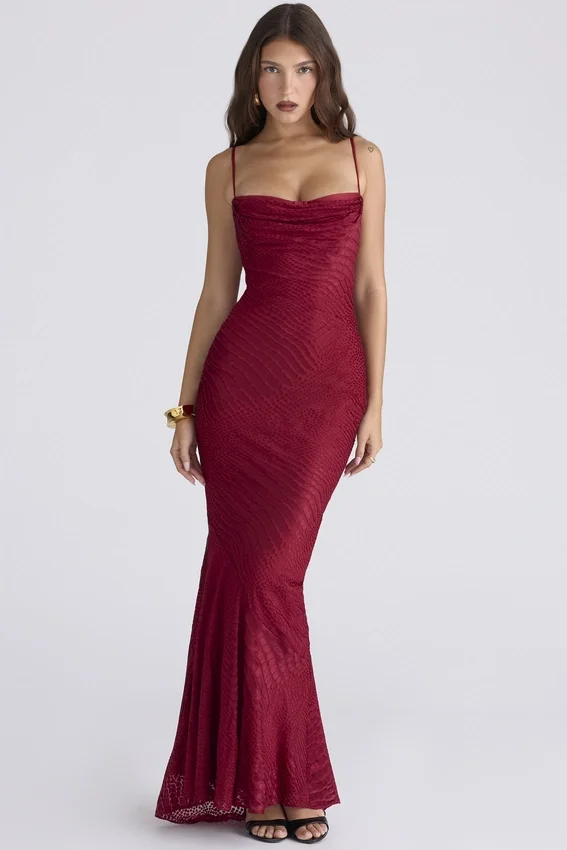 Nalani Deep Red Devoré Satin Maxi Gown – Limited Edition Nalani Deep Red Devoré Satin Maxi Gown – Limited Edition