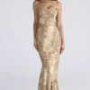 Nalani Gold Patterned Satin Maxi Dress – Limited Edition