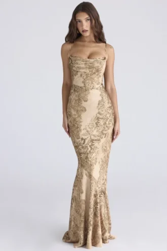 Nalani Gold Patterned Satin Maxi Dress – Limited Edition