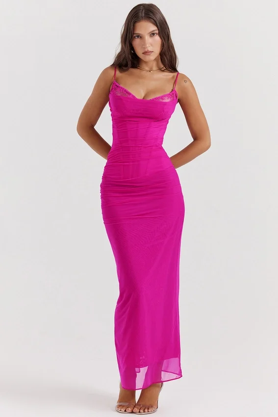 Nalini Fuchsia Stretch Mesh Maxi Dress Nalini Fuchsia Stretch Mesh Maxi Dress