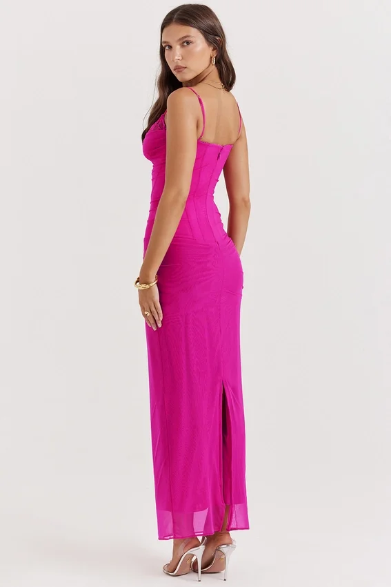 Nalini Fuchsia Stretch Mesh Maxi Dress Nalini Fuchsia Stretch Mesh Maxi Dress