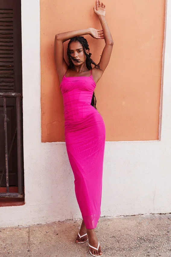 Nalini Fuchsia Stretch Mesh Maxi Dress Nalini Fuchsia Stretch Mesh Maxi Dress