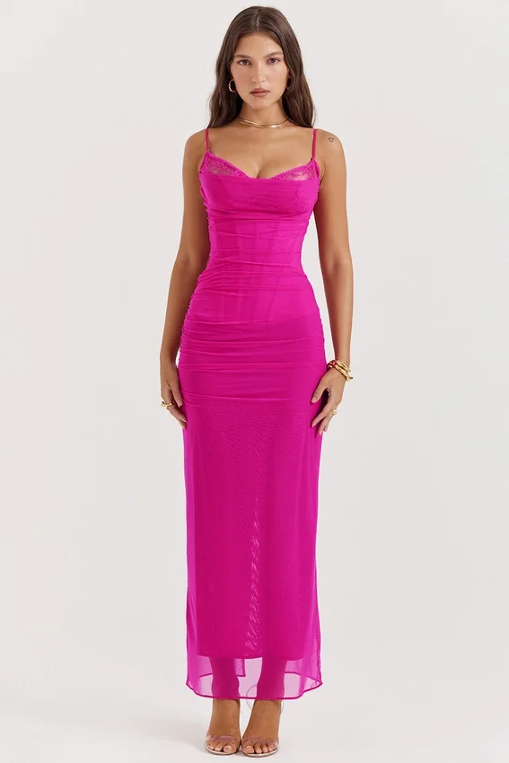 Nalini Fuchsia Stretch Mesh Maxi Dress Nalini Fuchsia Stretch Mesh Maxi Dress