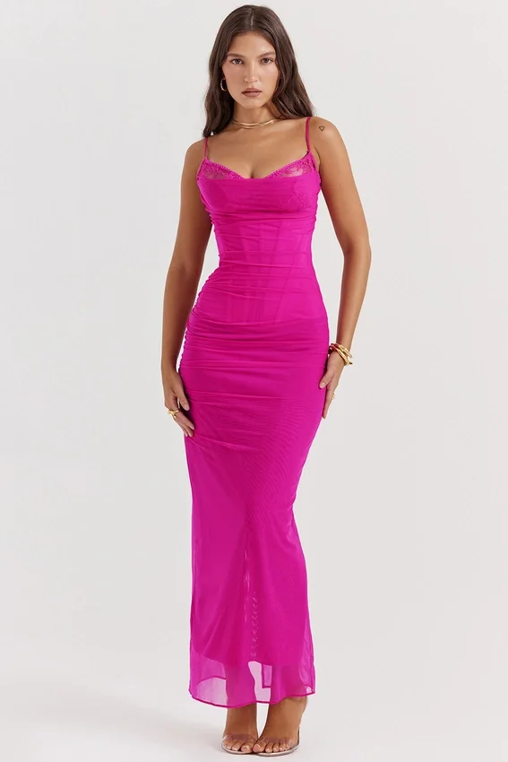 Nalini Fuchsia Stretch Mesh Maxi Dress Nalini Fuchsia Stretch Mesh Maxi Dress