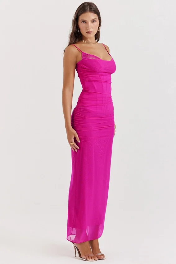 Nalini Fuchsia Stretch Mesh Maxi Dress Nalini Fuchsia Stretch Mesh Maxi Dress