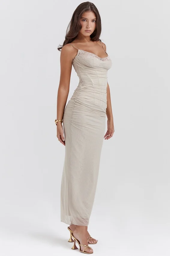 Nalini Sand Stretch Mesh Maxi Dress Nalini Sand Stretch Mesh Maxi Dress