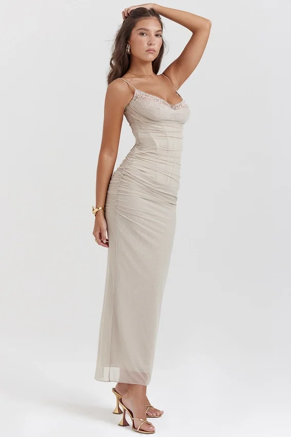Nalini Sand Stretch Mesh Maxi Dress Nalini Sand Stretch Mesh Maxi Dress