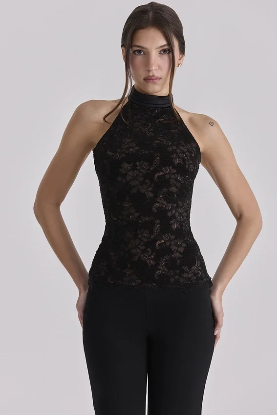 Natalya Black Lace High Neck Top With Detachable Bow Natalya Black Lace High Neck Top With Detachable Bow