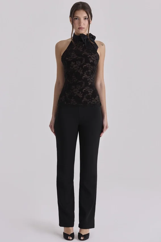 Natalya Black Lace High Neck Top With Detachable Bow Natalya Black Lace High Neck Top With Detachable Bow