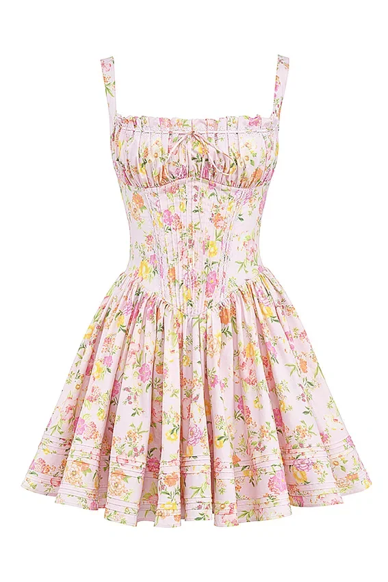 Natassia Pink Meadow Print Cotton Mini Dress Natassia Pink Meadow Print Cotton Mini Dress