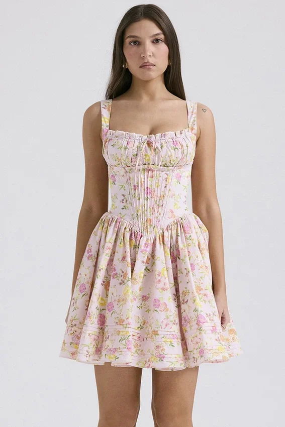 Natassia Pink Meadow Print Cotton Mini Dress Natassia Pink Meadow Print Cotton Mini Dress