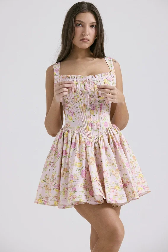 Natassia Pink Meadow Print Cotton Mini Dress Natassia Pink Meadow Print Cotton Mini Dress