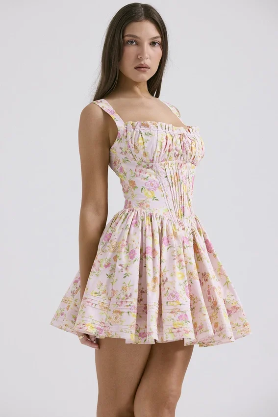 Natassia Pink Meadow Print Cotton Mini Dress Natassia Pink Meadow Print Cotton Mini Dress