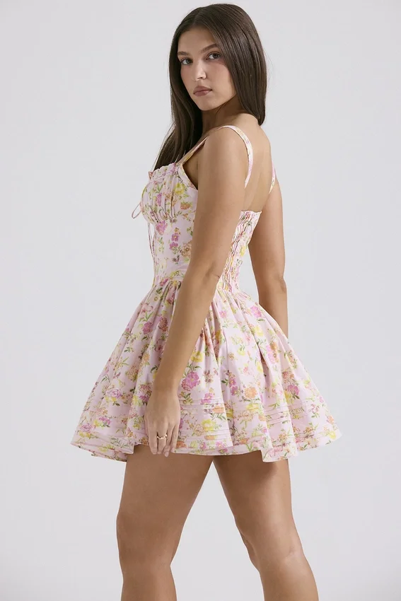 Natassia Pink Meadow Print Cotton Mini Dress Natassia Pink Meadow Print Cotton Mini Dress