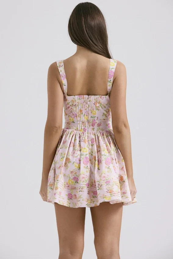 Natassia Pink Meadow Print Cotton Mini Dress Natassia Pink Meadow Print Cotton Mini Dress