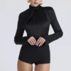 Neneh Black Satin High Neck Long Sleeve Bodysuit Neneh Black Satin High Neck Long Sleeve Bodysuit