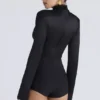 Neneh Black Satin High Neck Long Sleeve Bodysuit Neneh Black Satin High Neck Long Sleeve Bodysuit