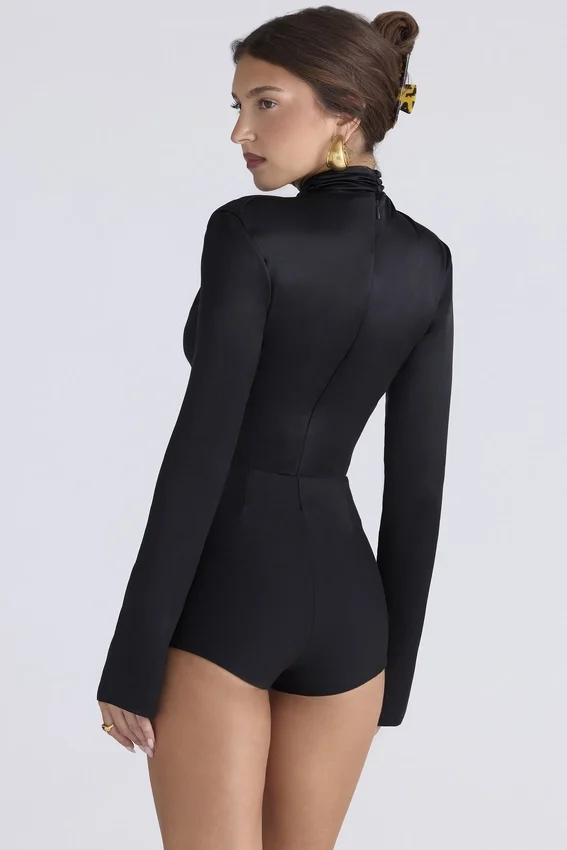 Neneh Black Satin High Neck Long Sleeve Bodysuit Neneh Black Satin High Neck Long Sleeve Bodysuit