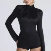 Neneh Black Satin High Neck Long Sleeve Bodysuit Neneh Black Satin High Neck Long Sleeve Bodysuit