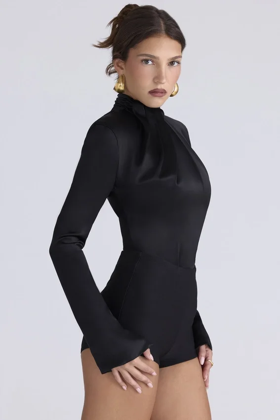 Neneh Black Satin High Neck Long Sleeve Bodysuit Neneh Black Satin High Neck Long Sleeve Bodysuit
