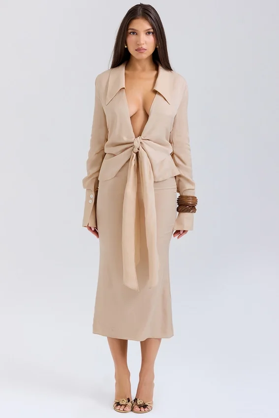 Nevaeh Almond Plunge Shirt Midi Dress Nevaeh Almond Plunge Shirt Midi Dress