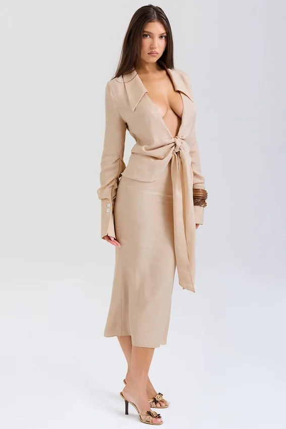 Nevaeh Almond Plunge Shirt Midi Dress Nevaeh Almond Plunge Shirt Midi Dress