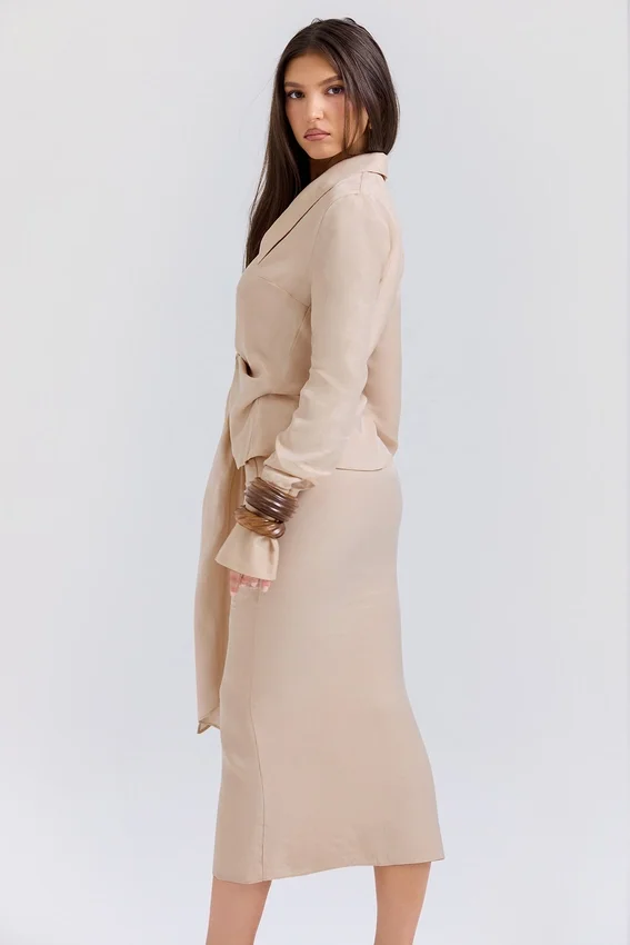 Nevaeh Almond Plunge Shirt Midi Dress Nevaeh Almond Plunge Shirt Midi Dress
