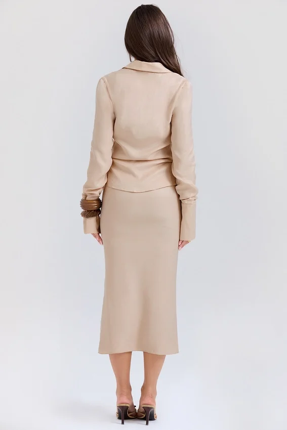 Nevaeh Almond Plunge Shirt Midi Dress Nevaeh Almond Plunge Shirt Midi Dress