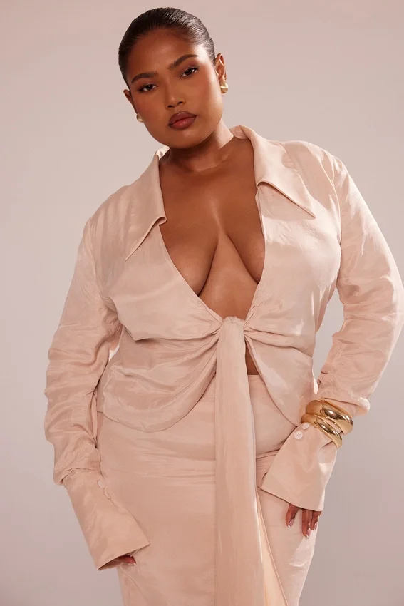 Nevaeh Almond Plunge Shirt Midi Dress Nevaeh Almond Plunge Shirt Midi Dress