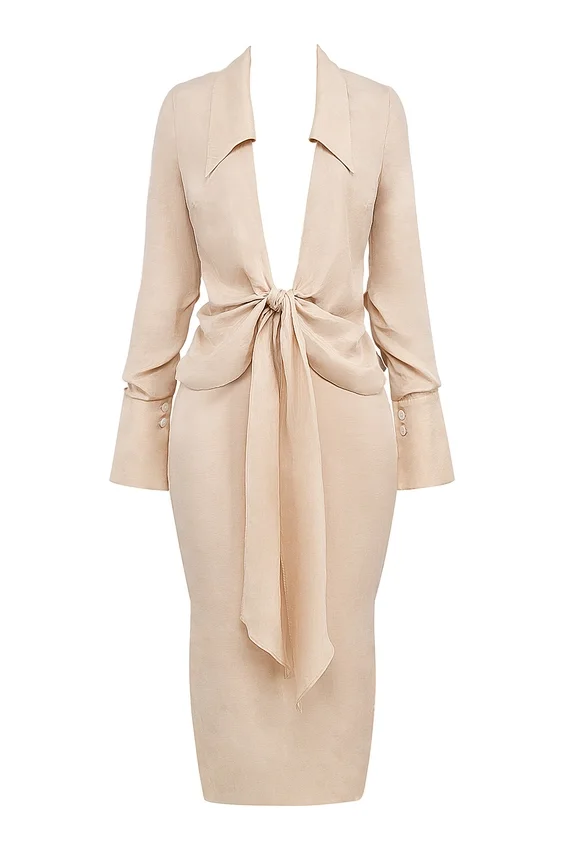 Nevaeh Almond Plunge Shirt Midi Dress Nevaeh Almond Plunge Shirt Midi Dress