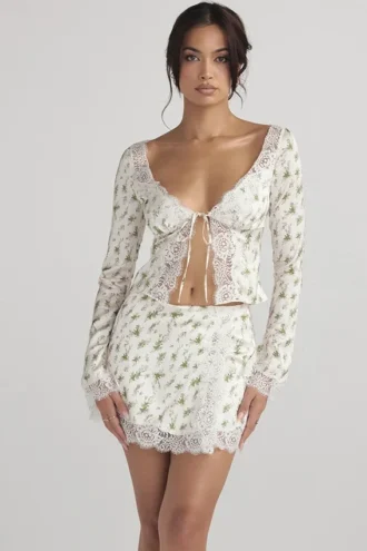 Noemie Garden Print Lace Trim Mini Skirt