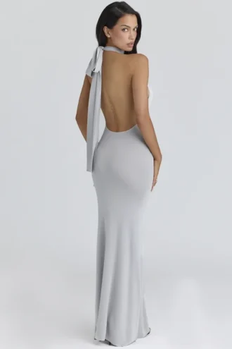 Nova Silver Grey Halter Neck Backless Maxi Dress