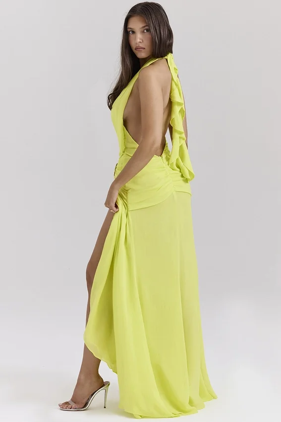Olessia Acid Lime Backless Halter Maxi Dress Olessia Acid Lime Backless Halter Maxi Dress