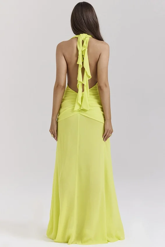 Olessia Acid Lime Backless Halter Maxi Dress Olessia Acid Lime Backless Halter Maxi Dress