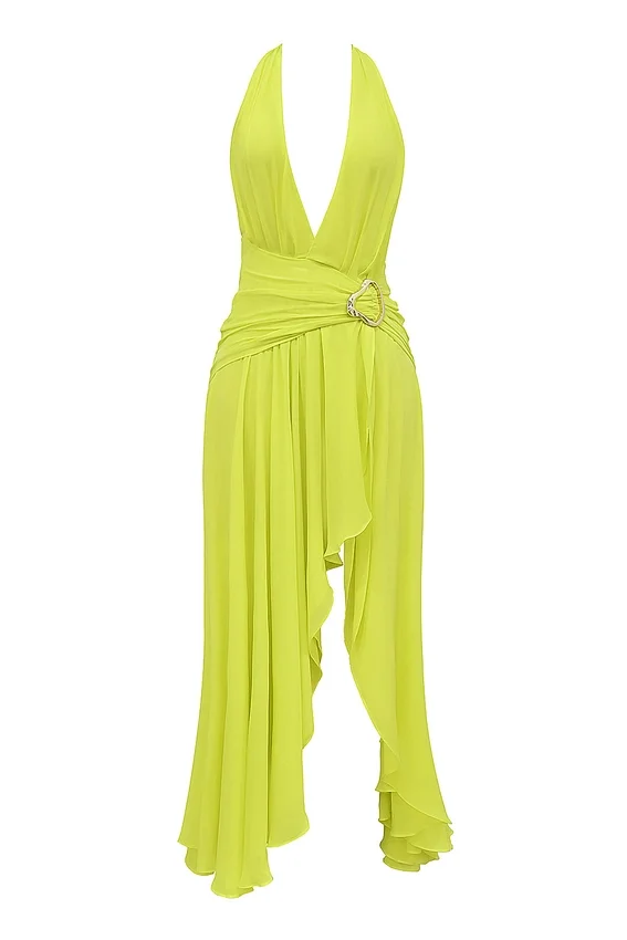 Olessia Acid Lime Backless Halter Maxi Dress Olessia Acid Lime Backless Halter Maxi Dress