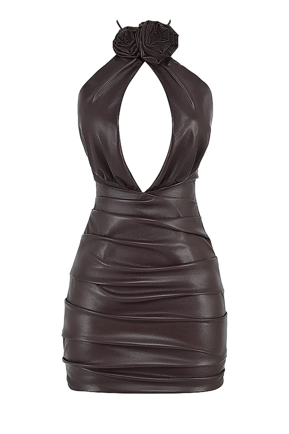Olivia Bitter Chocolate Vegan Leather Mini Dress Olivia Bitter Chocolate Vegan Leather Mini Dress