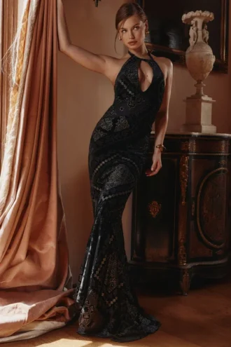 Oliviana Black & Gold Devore Velvet Maxi Gown